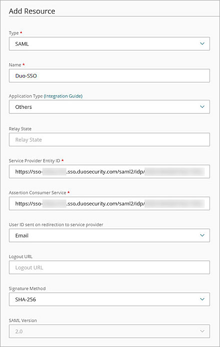 Screenshot of WGC, add SAML resource